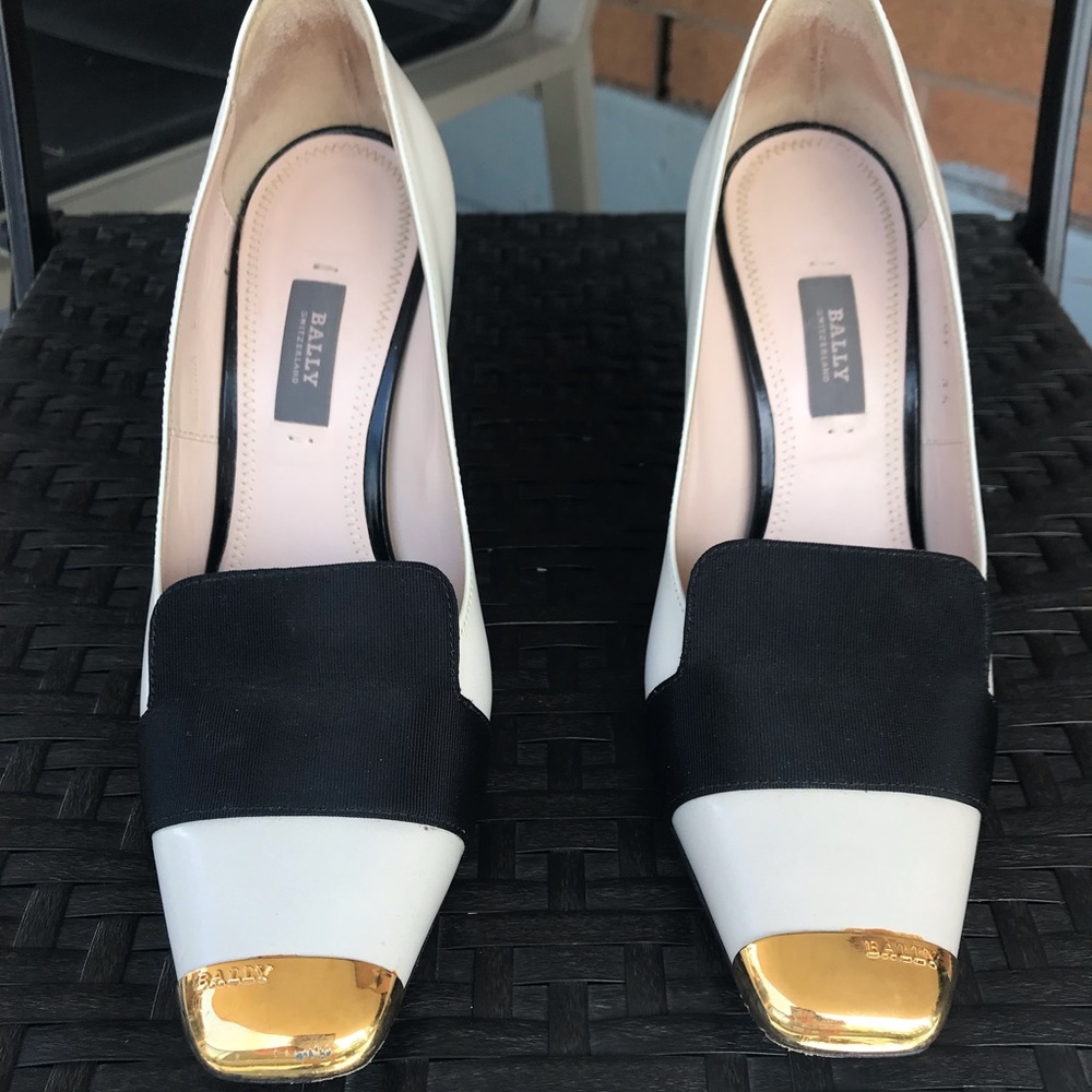 Bally Black and White Block Heels with Gold Detail